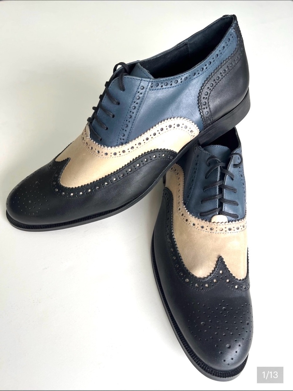 Girotti, Three-Tone Wingtip Oxfords in Blue, Beige & Black